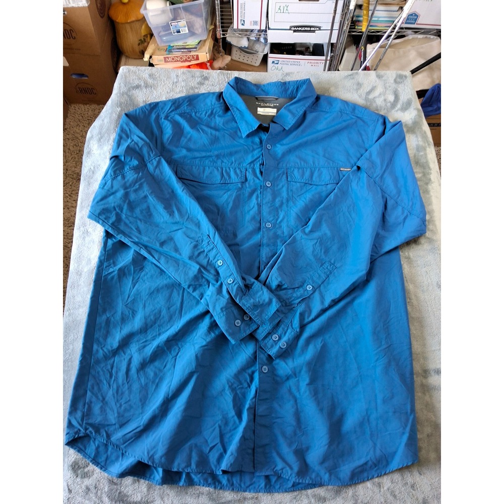 Columbia Mens Omni-Shade Blue Long Sleeve Fishing Hiking Shirt 2XT Tall